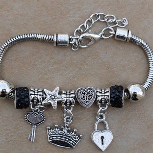 Adjustable Bracelet with cute charm Key and Lock Crown Charm Bead